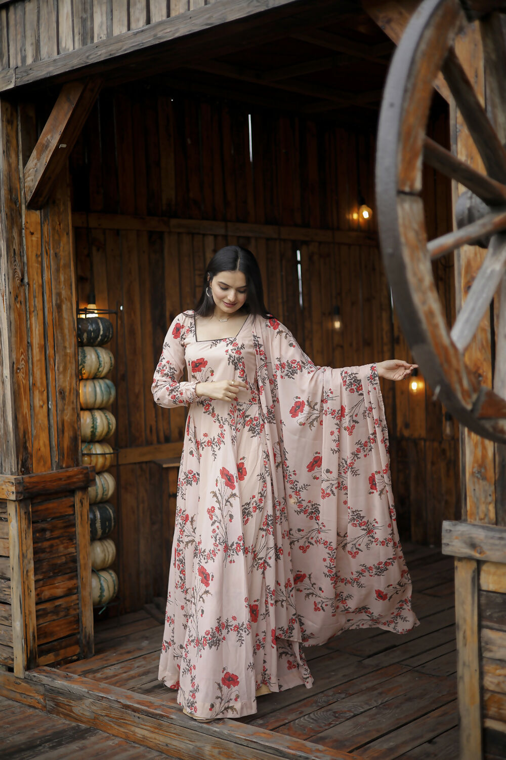 Aayaa Designer Printed Georgette Full Flare Gown With Dupatta - Multi Color