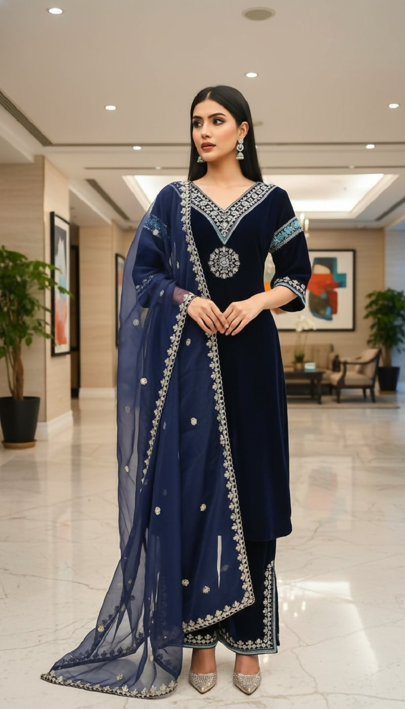 Joban Fashion Blue Kurta Set Velvet Embroidery Sequence Work