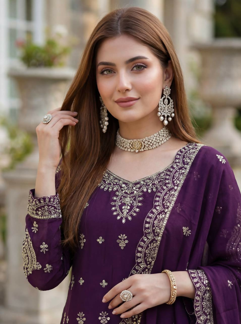 Teeya Creation Wine Chinon Silk Embroidery Work Party Wear Palazzo Pair