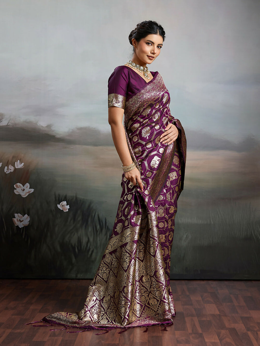 Shree Shyam Fashion Wine Silk Blend Saree