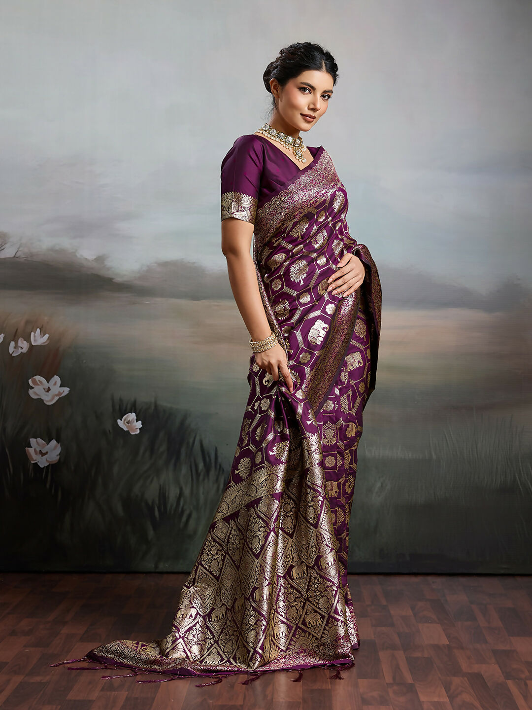 Shree Shyam Fashion Wine Silk Blend Saree
