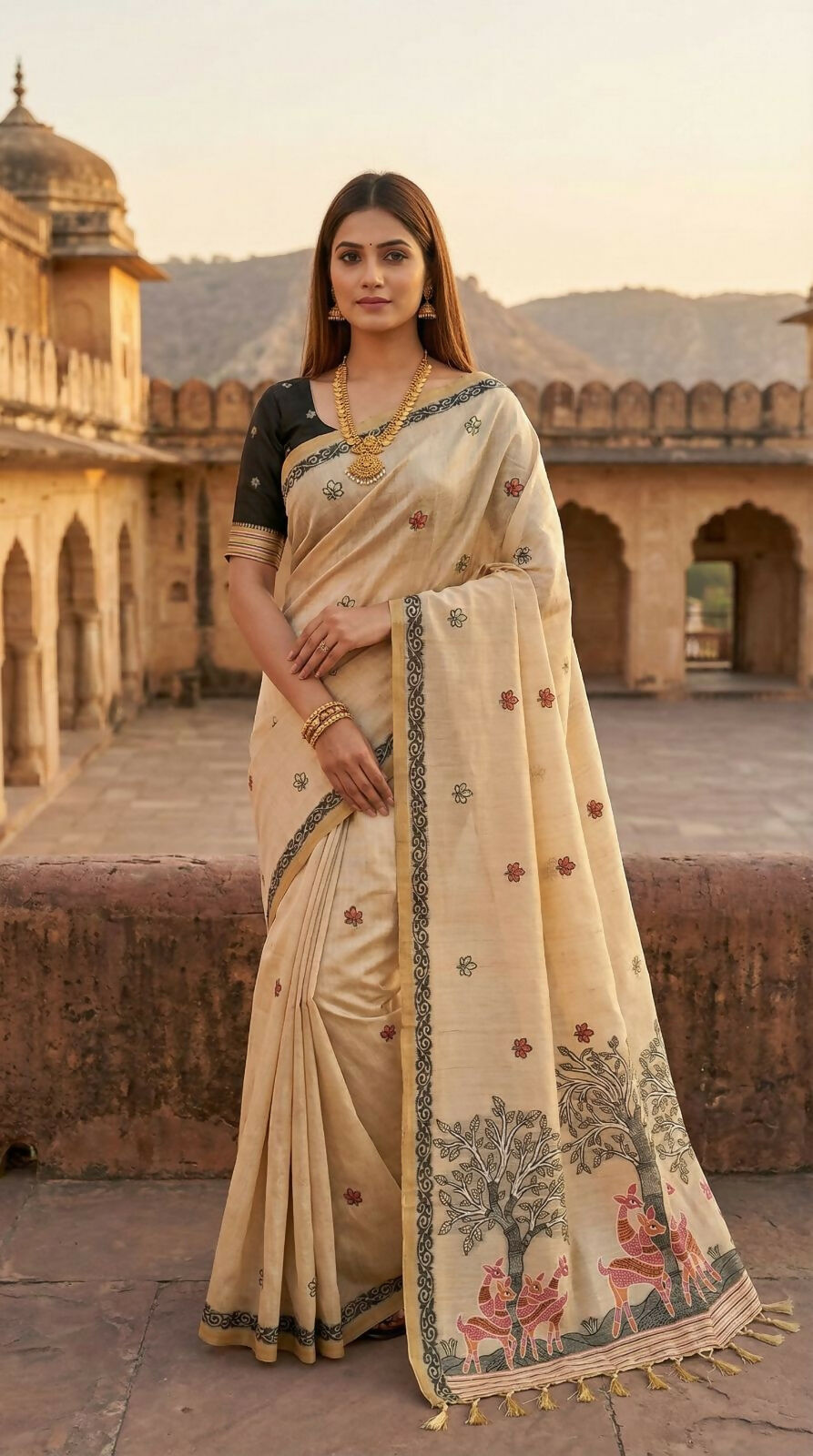 Vastranavya Cream Muga Cotton Meenakari & Azarakh Pallu Saree with Contrast Blouse