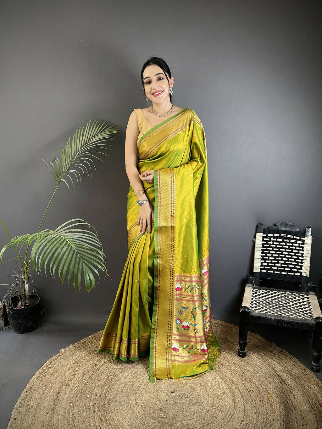 Joban Fashion Lime Green Butti Woven Soft Lichi Silk Paithani Saree