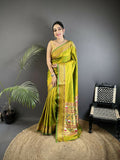 Joban Fashion Lime Green Butti Woven Soft Lichi Silk Paithani Saree