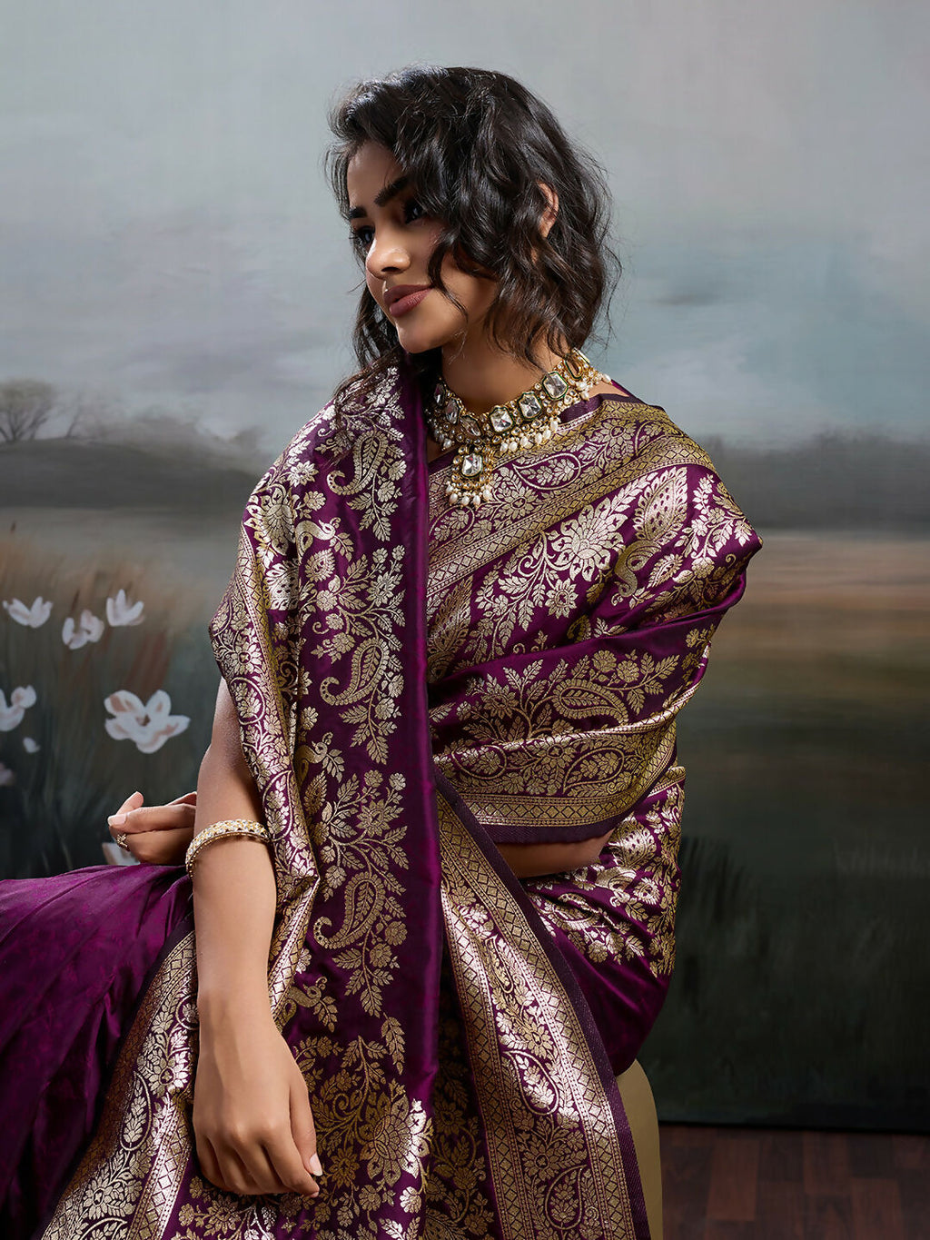 Shree Shyam Fashion Wine Silk Blend Saree