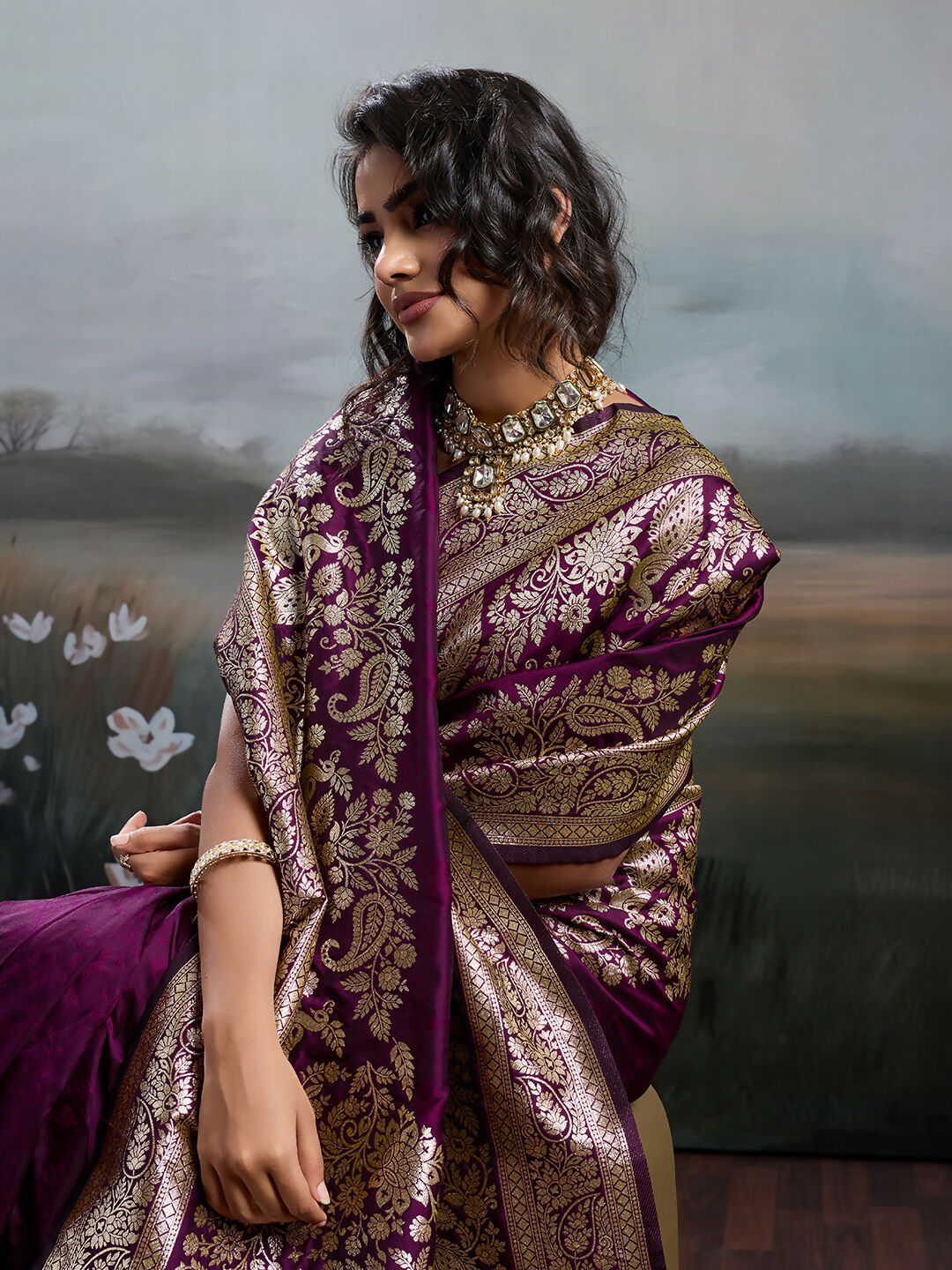 Shree Shyam Fashion Wine Silk Blend Saree