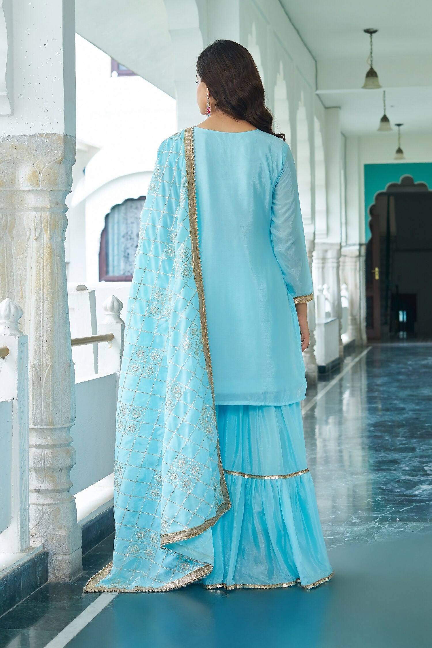 Joban Fashion Sky Blue Kurta Set Chinon Silk Embroidery Sequence Work