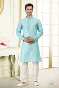 Raivat Ethnic Jacquard Art Silk Thread Work Kurta Pajama In Sky Blue Colour