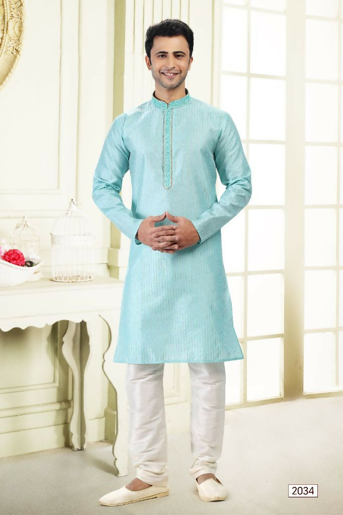 Raivat Ethnic Jacquard Art Silk Thread Work Kurta Pajama In Sky Blue Colour