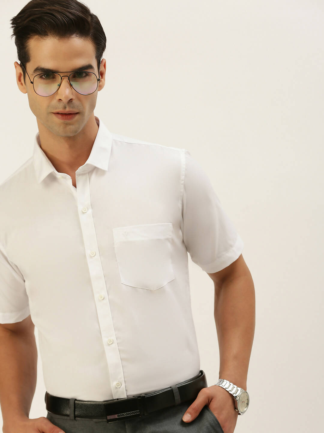 Ramraj Cotton Mens Half Sleeve Formal Poly Cotton White Shirt