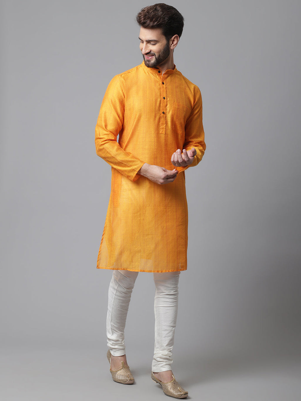 Even Apparels Yellow Check Kurta With Band Collar