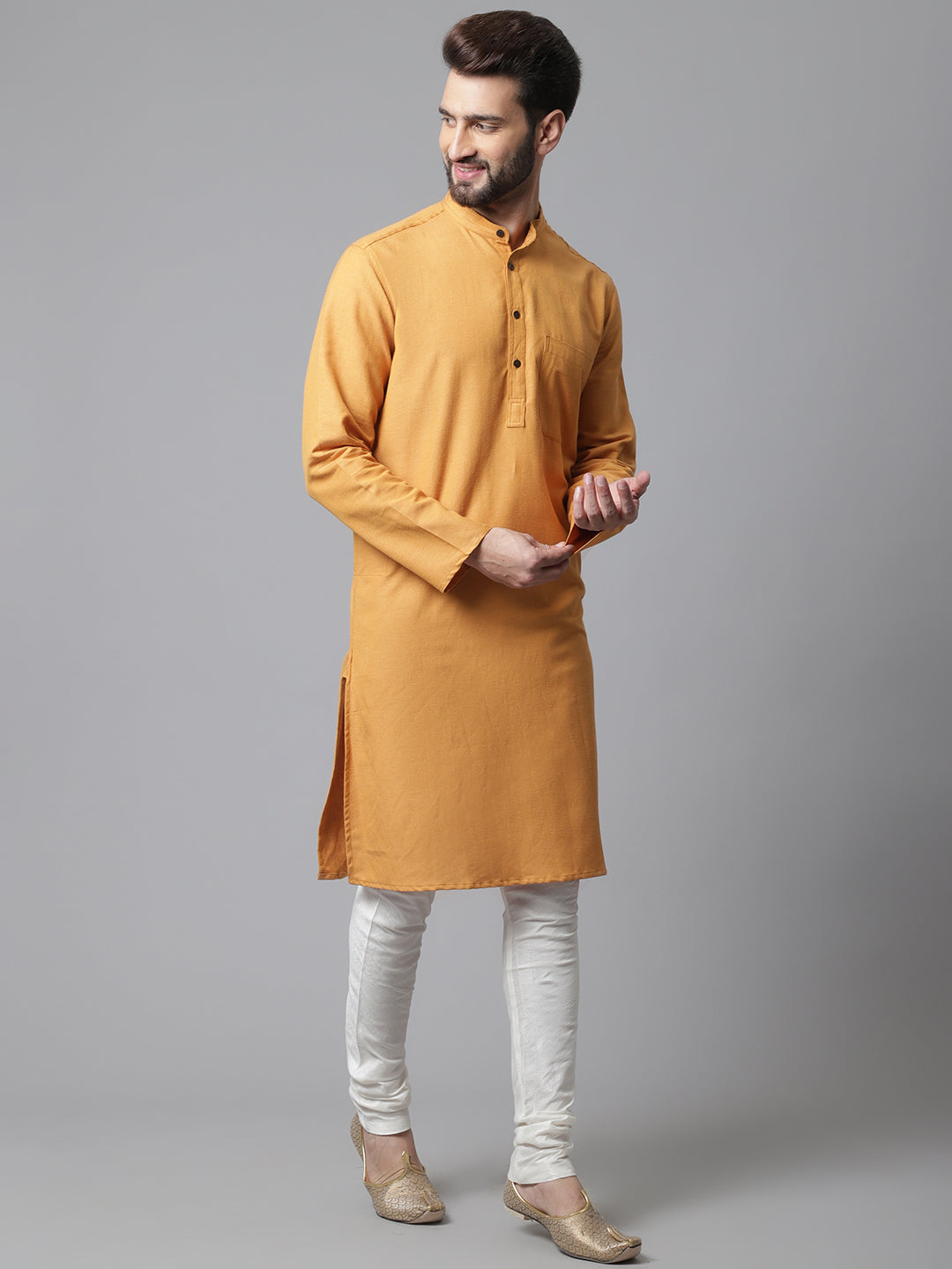 Even Apparels Yellow Solid Kurta With Band Collar
