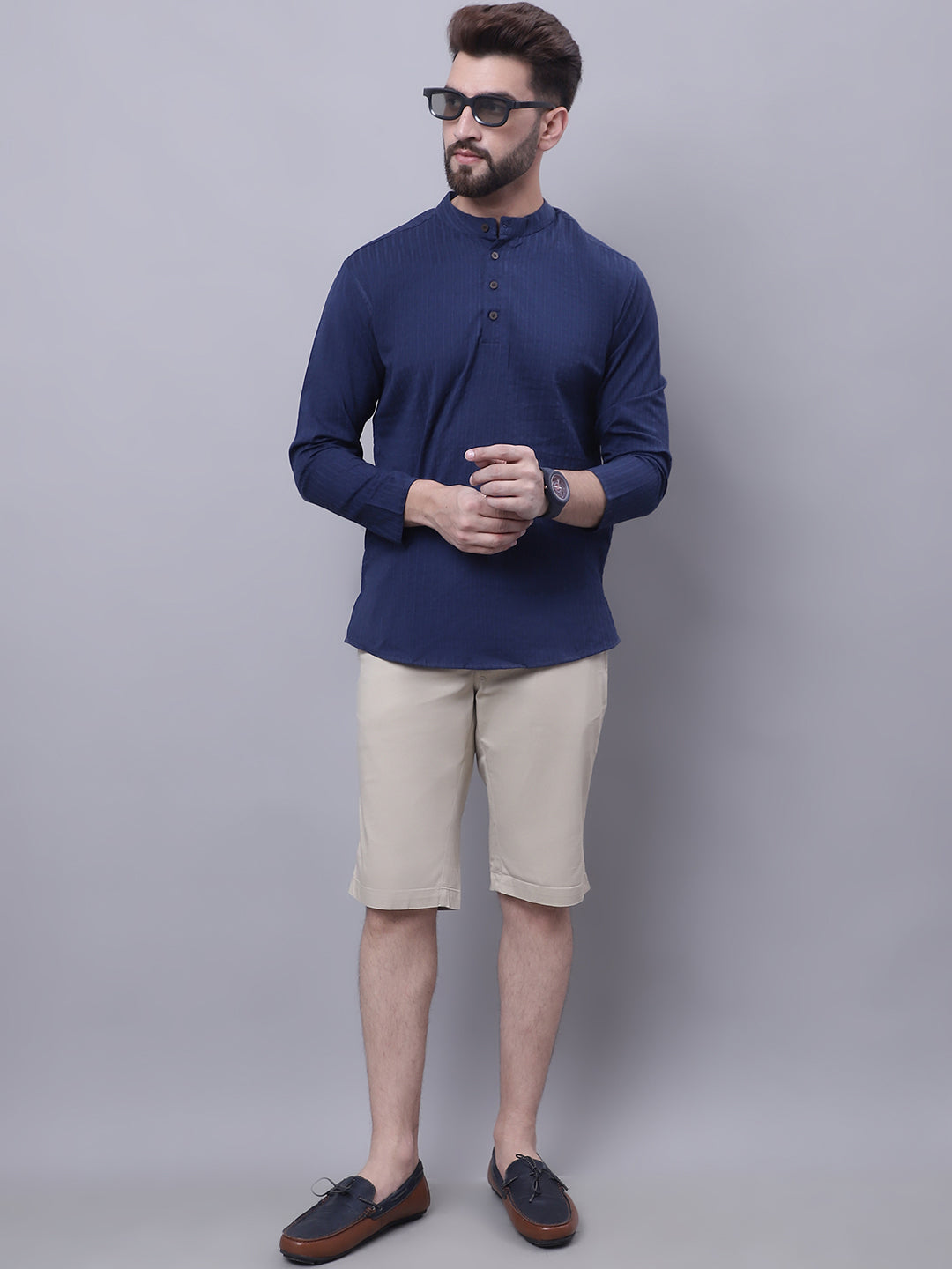 Even Apparels Blue Pure Cotton Short Kurta With Band Collar