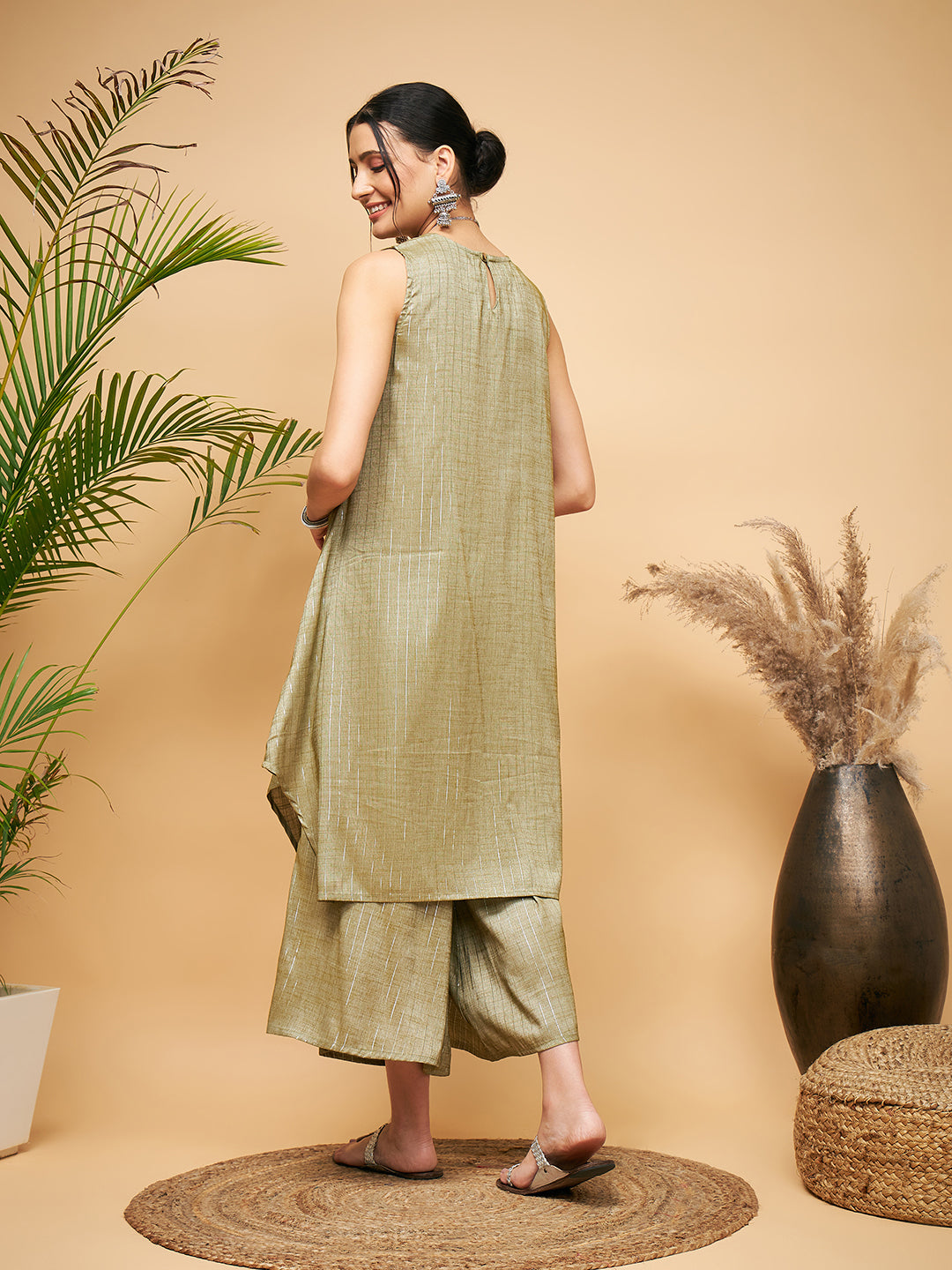 InWeave Women's Olive Lurex Short Pallazo Kurta Set