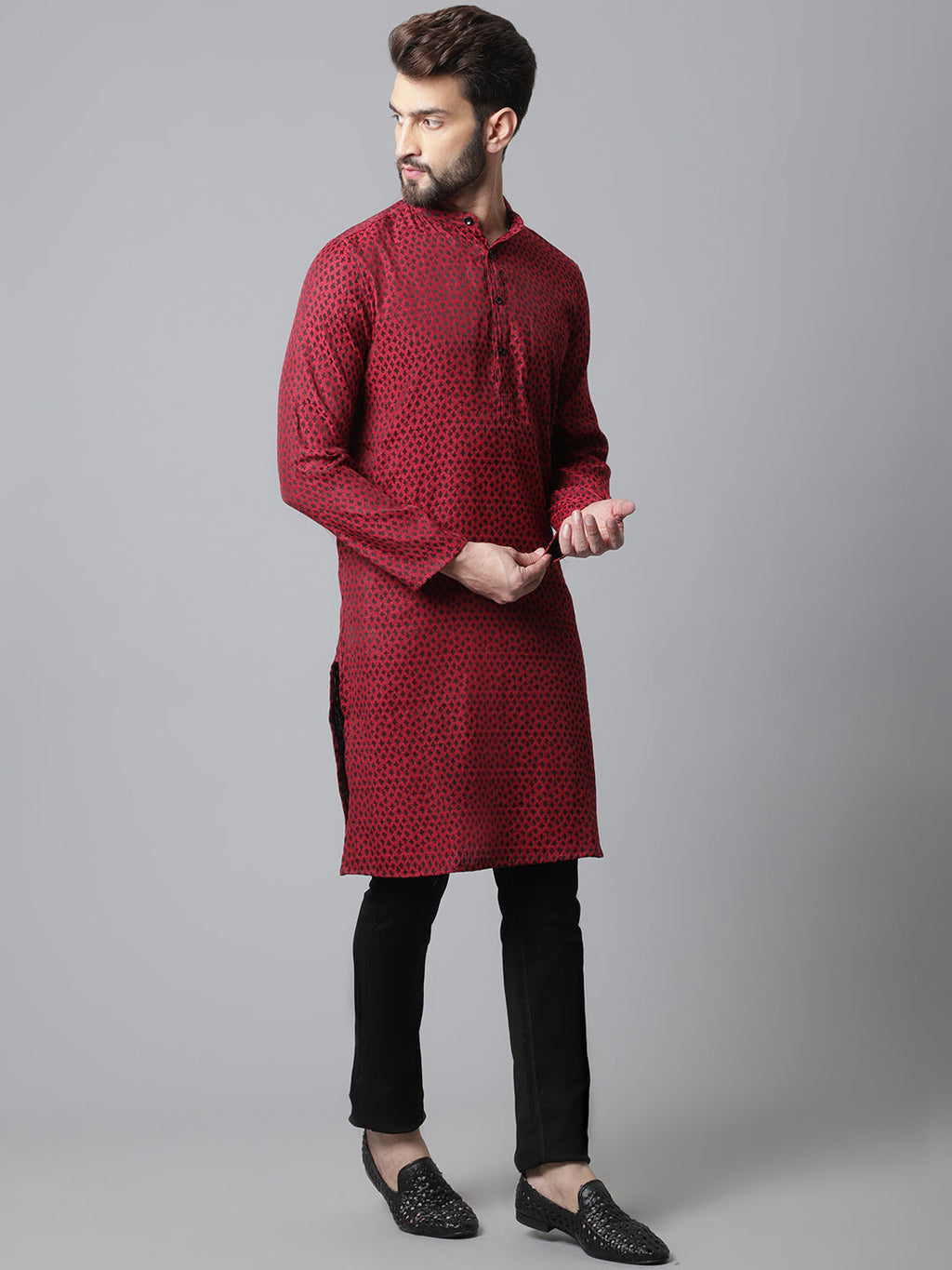 Even Apparels Maroon Solid Kurta With Band Collar