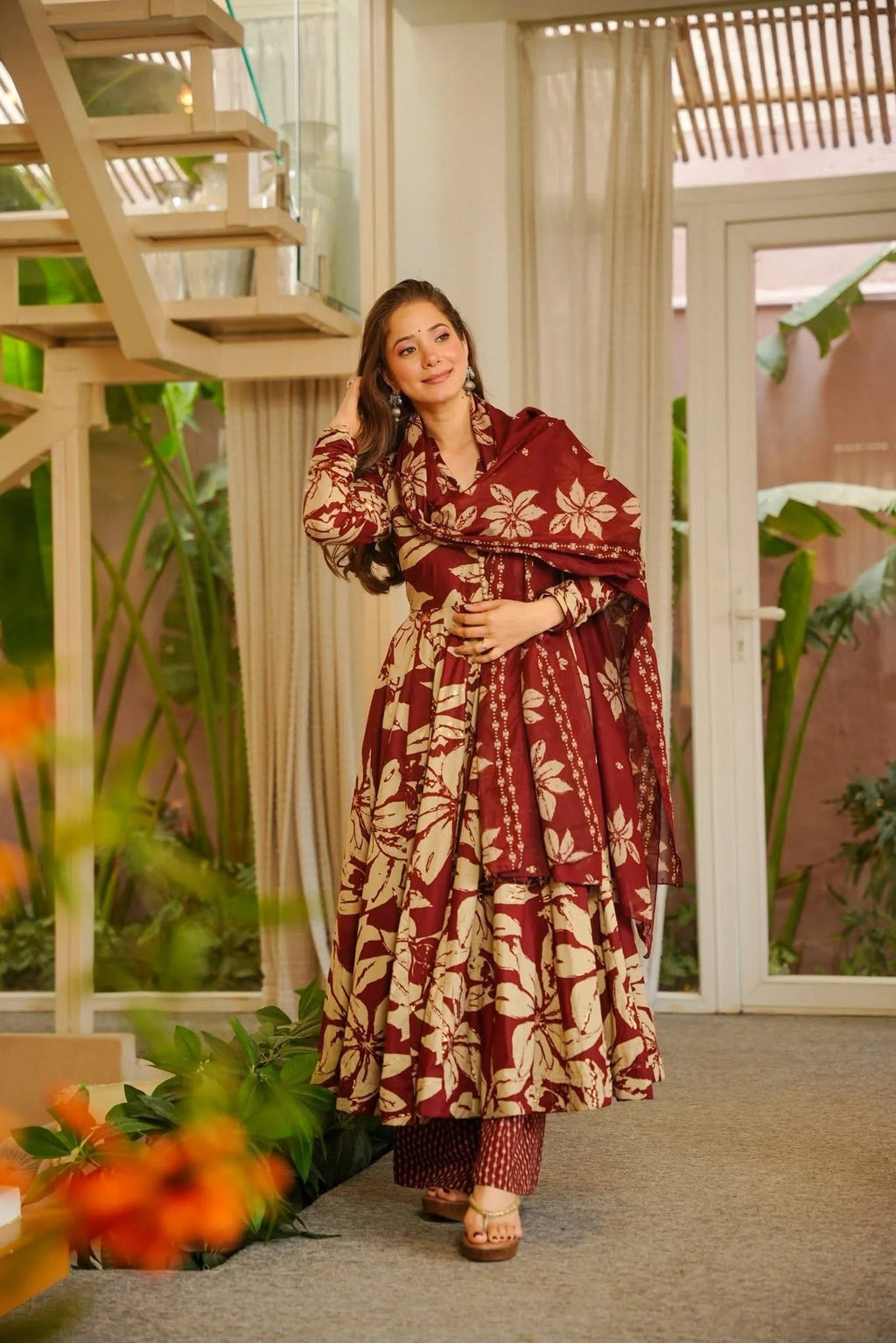 Yash Enterprise Red Muslin Cotton Silk Party Wear Embroidery Suit Set