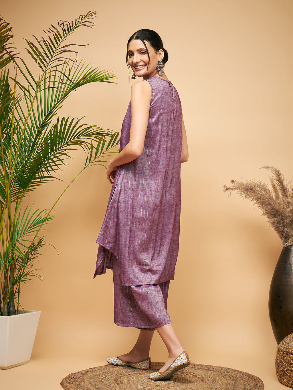 InWeave Women's Mauve Lurex Short Pallazo Kurta Set