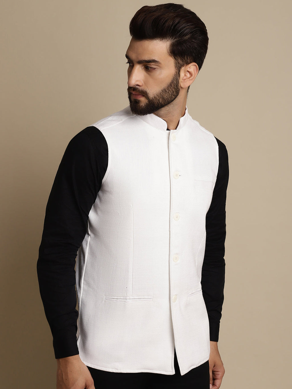 Even Apparels Men's White Mandarin Collar Waistcoat