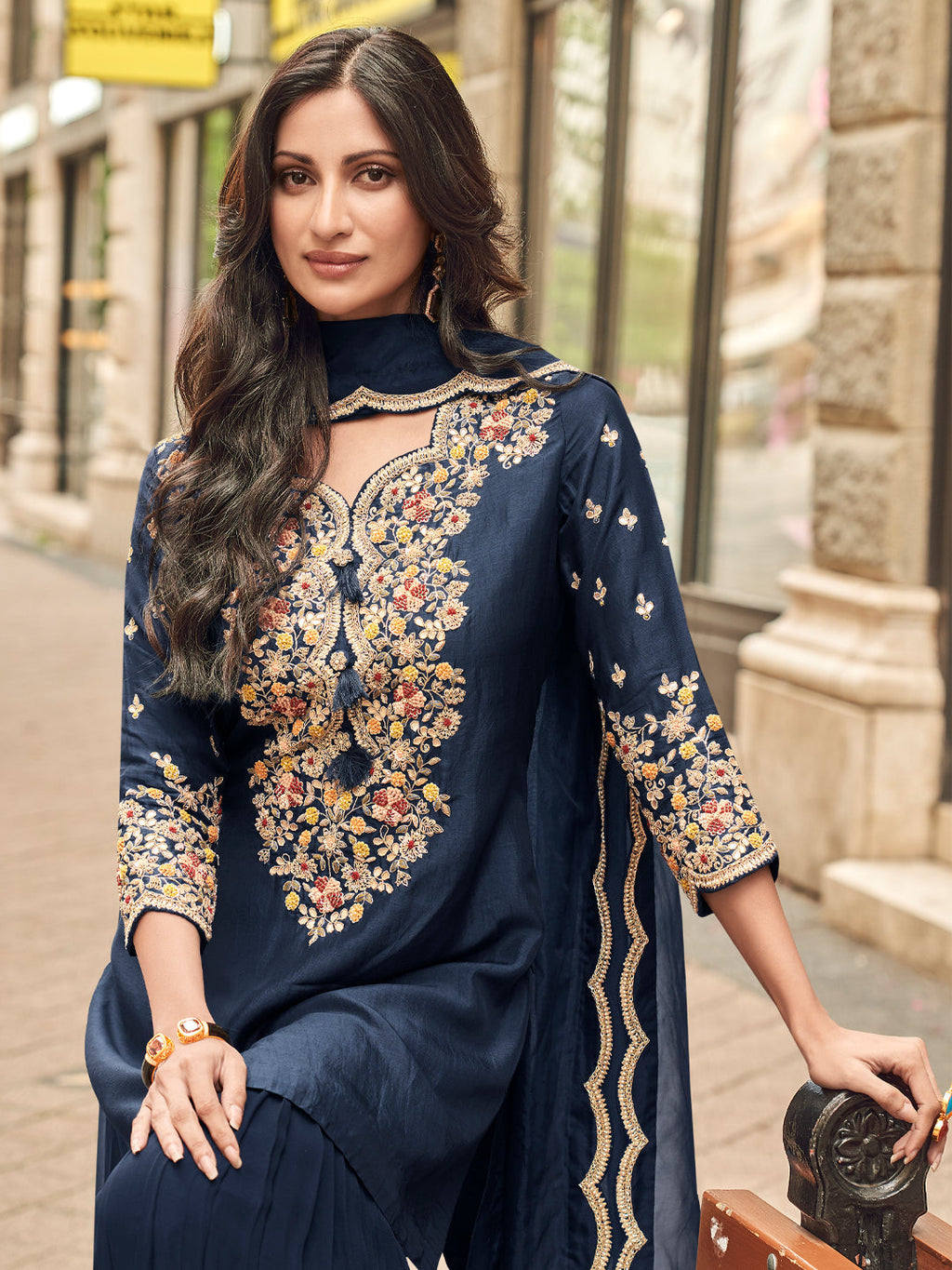 Evanik Women Navy Blue Floral Embroidered Kurta Sharara Dupatta Set
