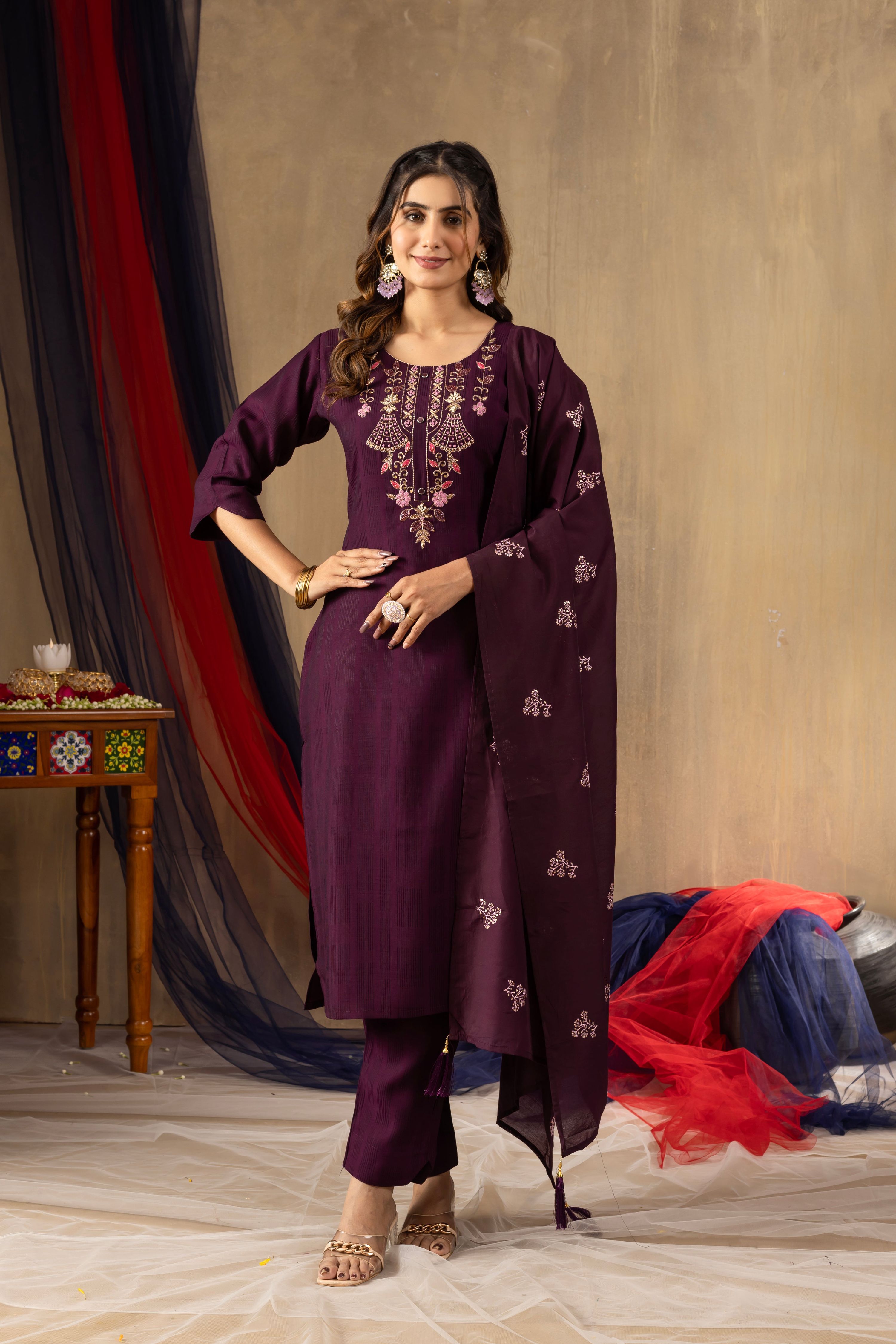 Pramukh Fab Wine Color Viscose Kurta Set