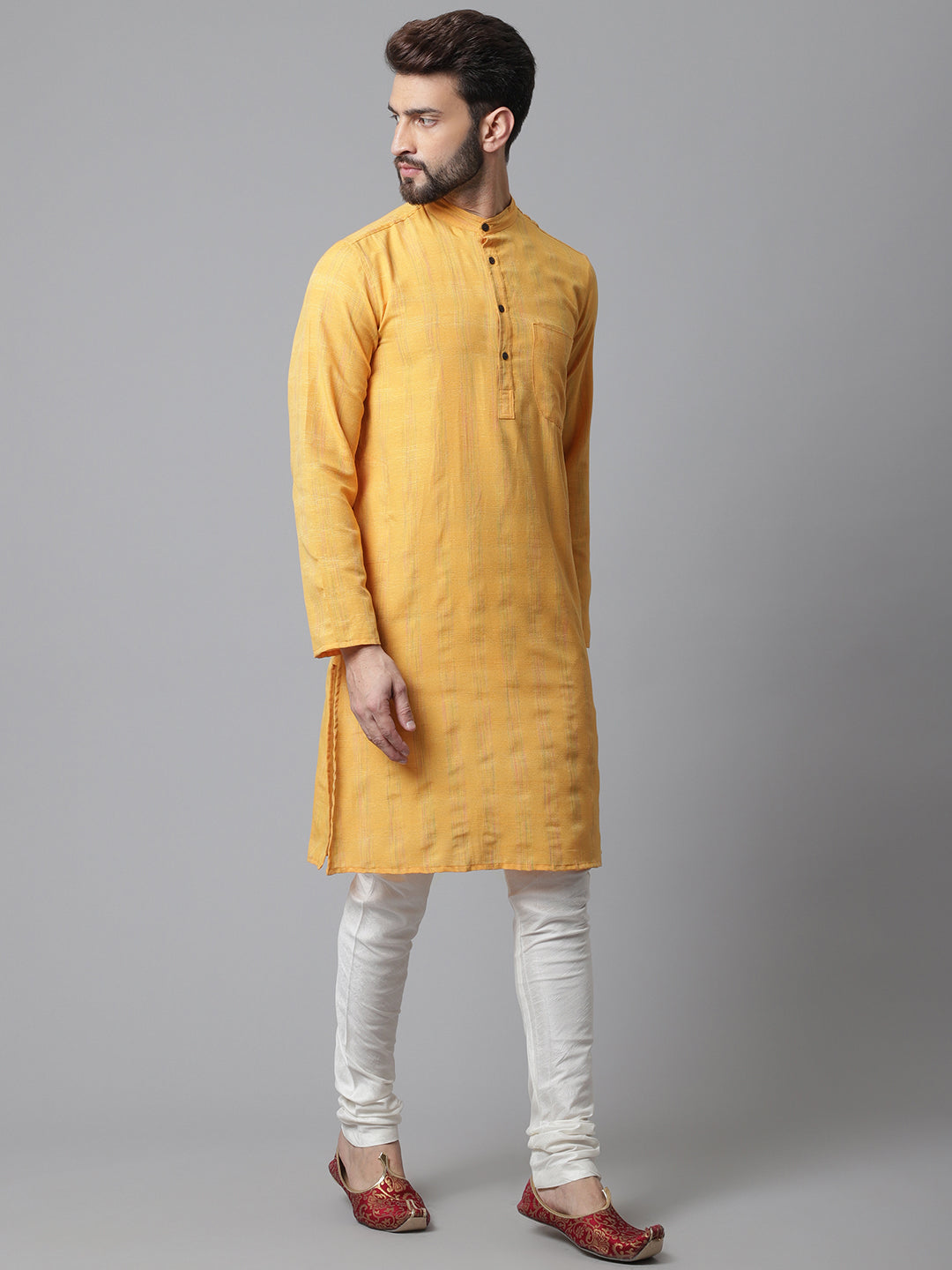 Even Apparels Yellow Kurta With Band Collar
