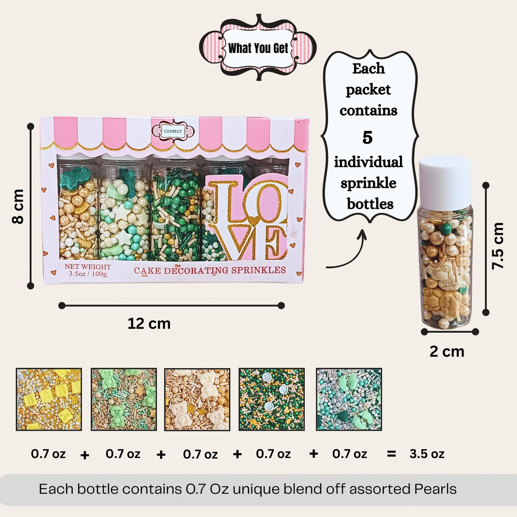 Confect Baby Shower Sprinkles | Gender Reveal Sprinkles | Gold, Silver, Mint Green & Pearl Dragees Pack of 5 (BABY SHOWER -09)