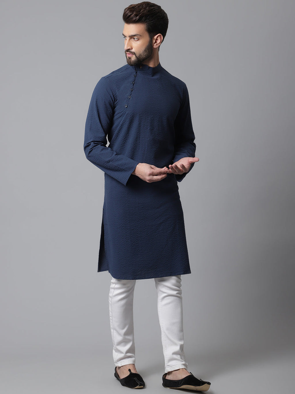 Even Apparels Blue Solid Kurta With Band Collar
