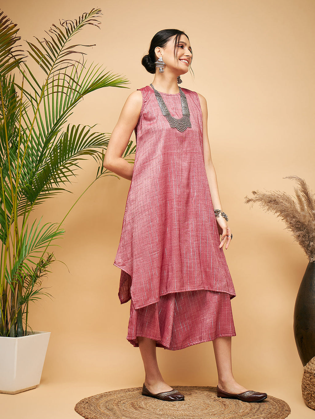 InWeave Women's Wine Lurex Short Pallazo Kurta Set