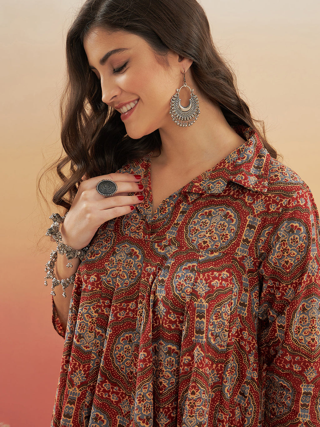InWeave Women's Maroon Mughal Kalamkari Flared Dress