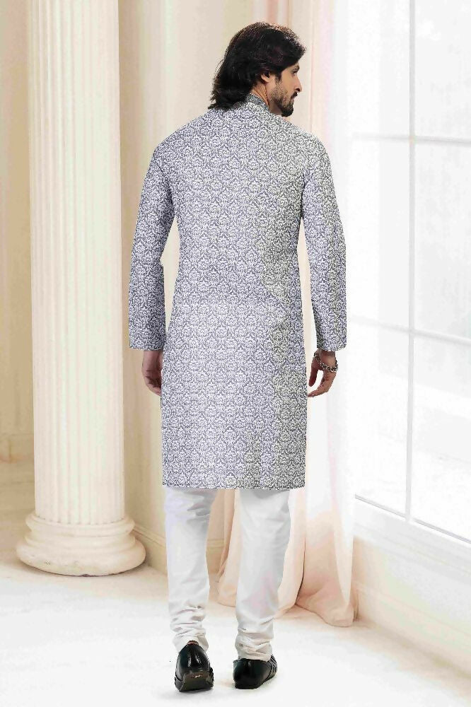 Raivat Ethnic Cotton Thread Work Kurta Pajama In Grey Colour