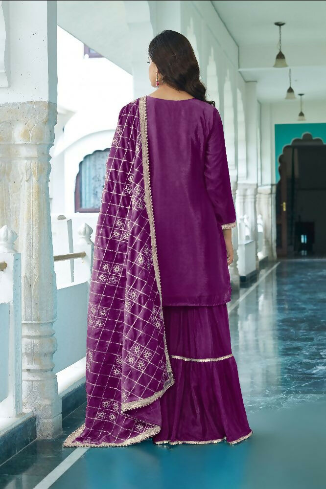 Teeya Creation Wine Colour Chinnon Silk Heavy Embroidery Work Fully Stitched Salwar Suit