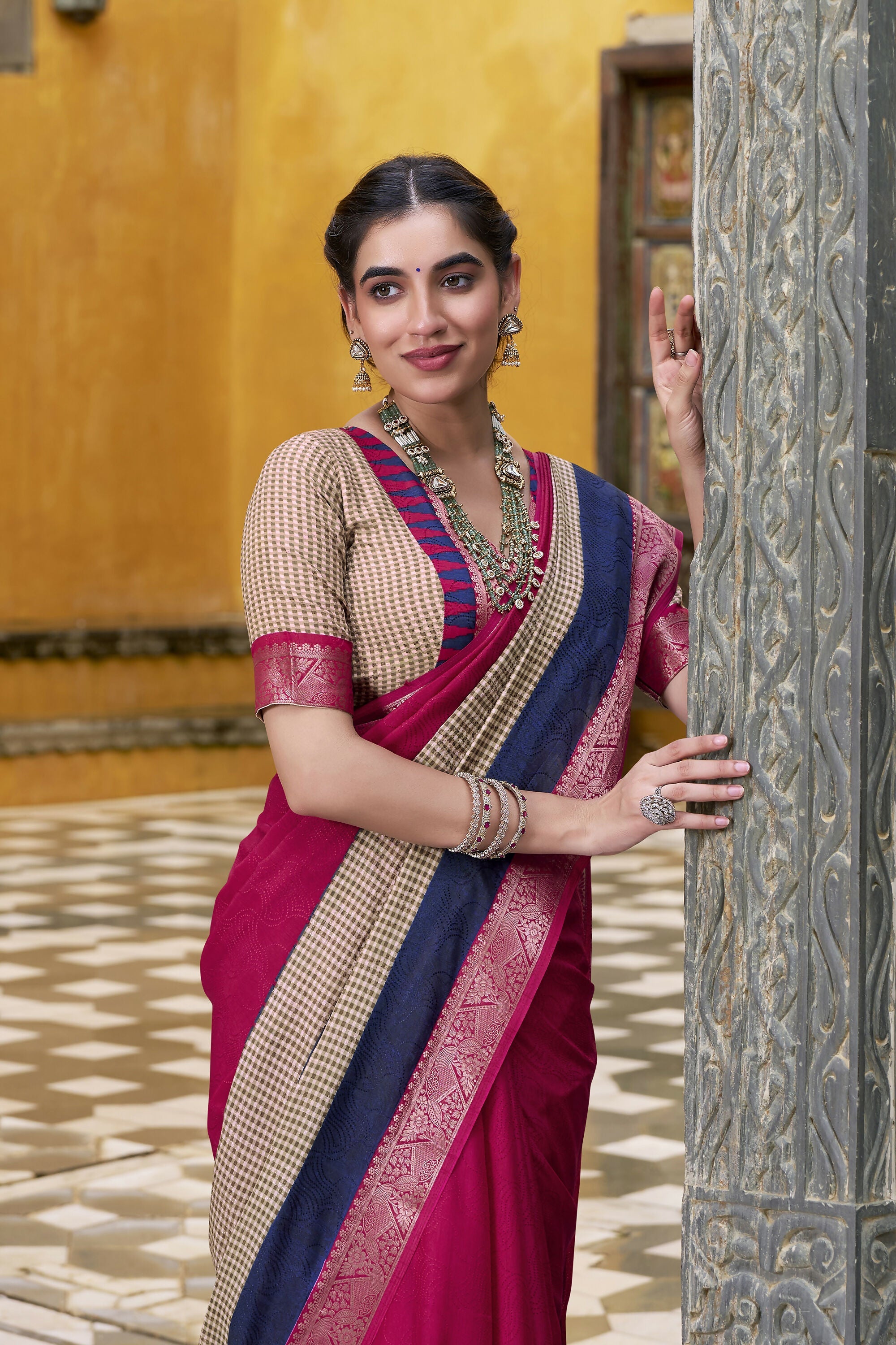 Vastranavya Pink Printed with Zari Weaving Work Poly Cotton Saree & Unstitched Blouse