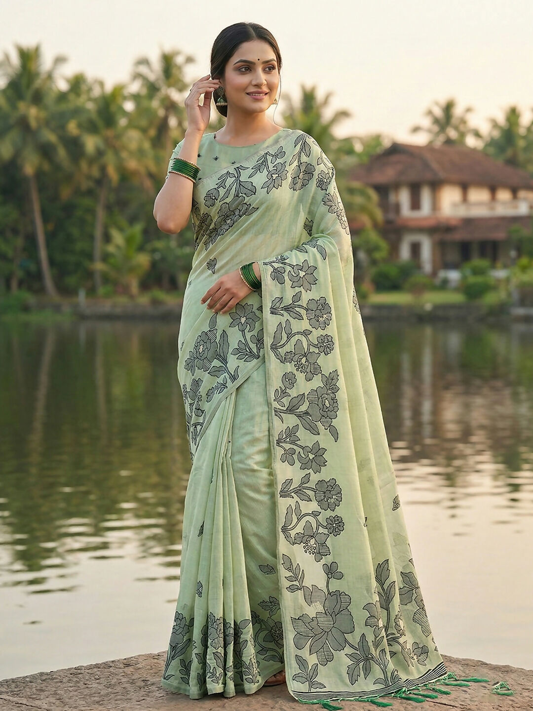 Shree Shyam Fashion Light Green Linen Cotton Saree