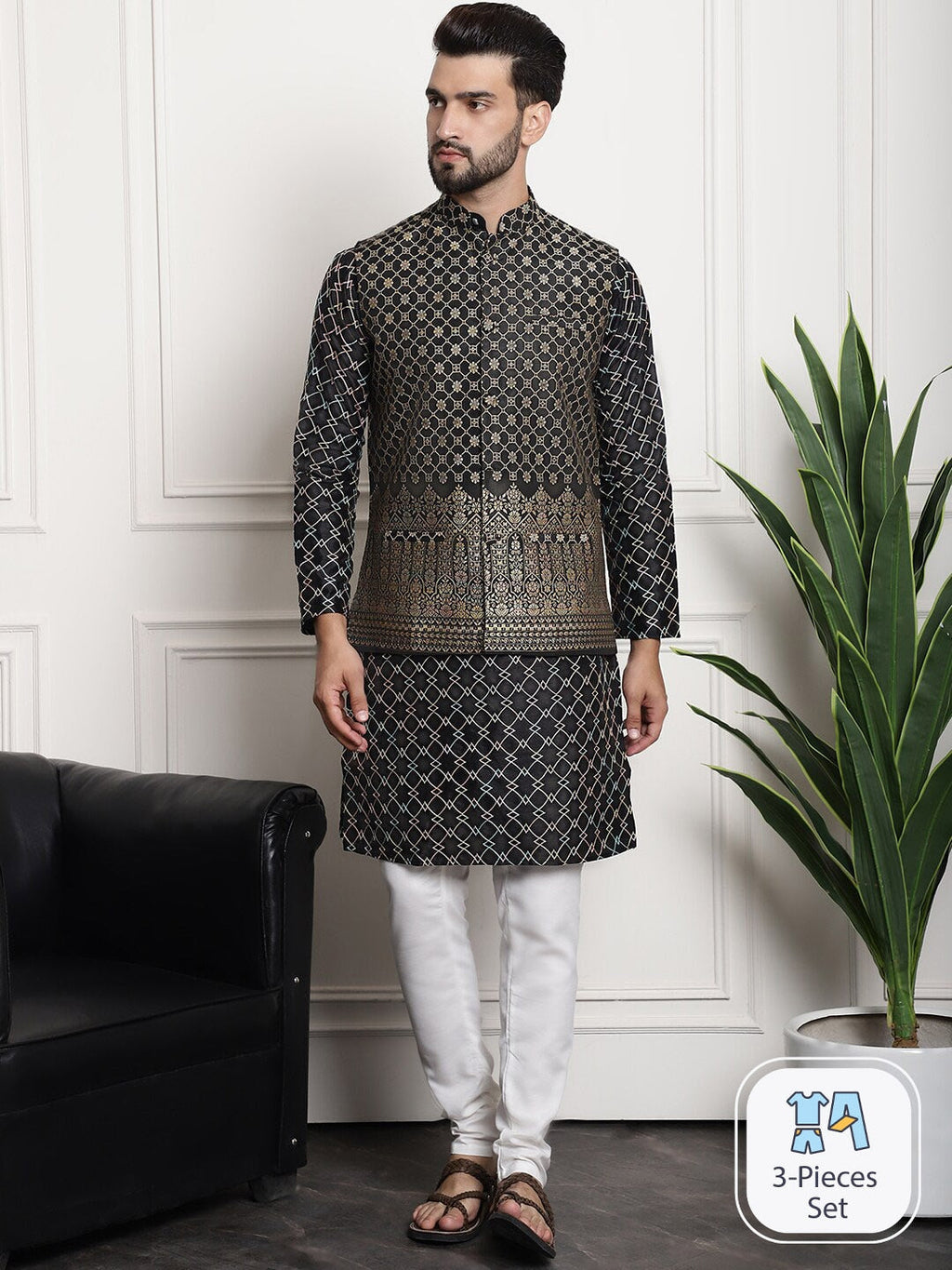 Sojanya Ethnic Motifs Woven Design Embroidered Straight Kurta & Churidar With Nehru Jacket