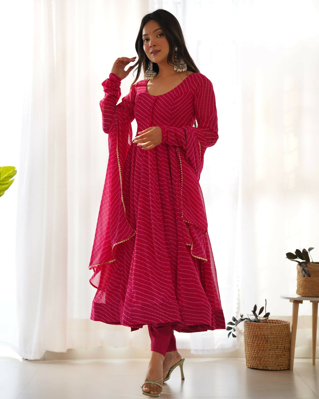 Lehenga Mart Designer Anarkali Suit With Kurta, Pant, Dupatta For Women-Rani Pink