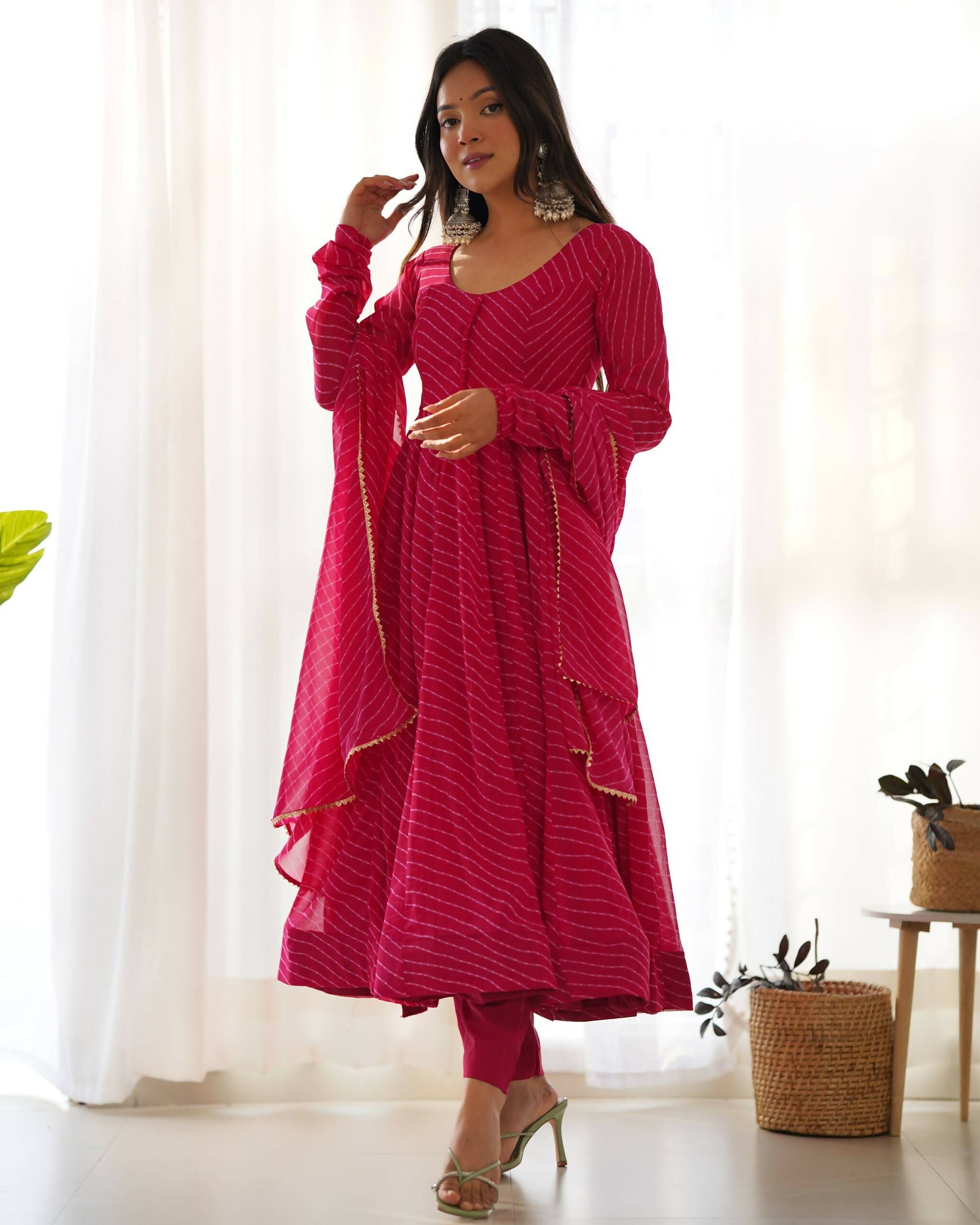 Lehenga Mart Designer Anarkali Suit With Kurta, Pant, Dupatta For Women-Rani Pink