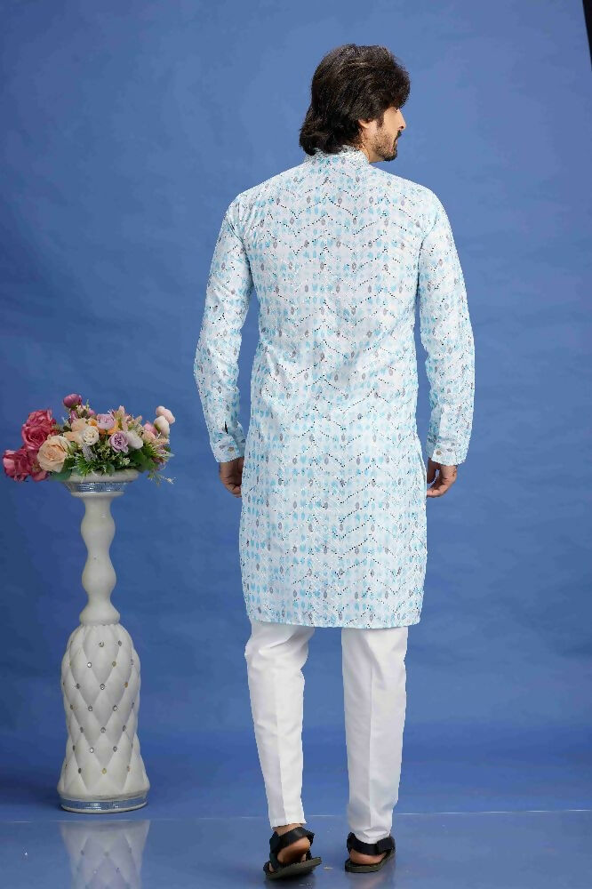 Raivat Ethnic Cotton Embroidery Kurta Pajama In Sky Blue Colour