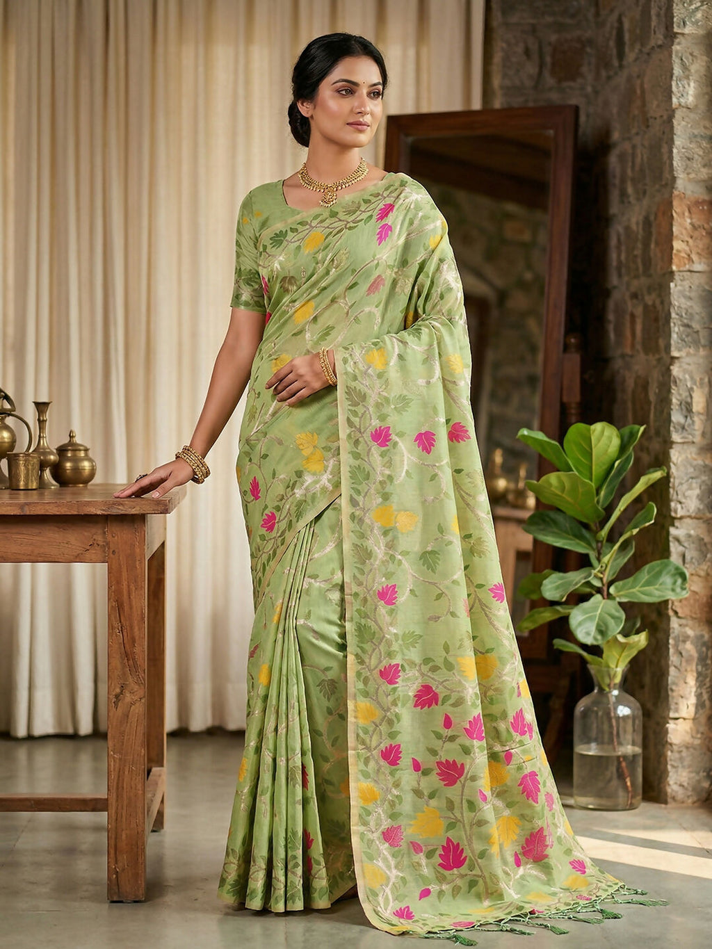 Shree Shyam Fashion Green Linen Cotton Saree
