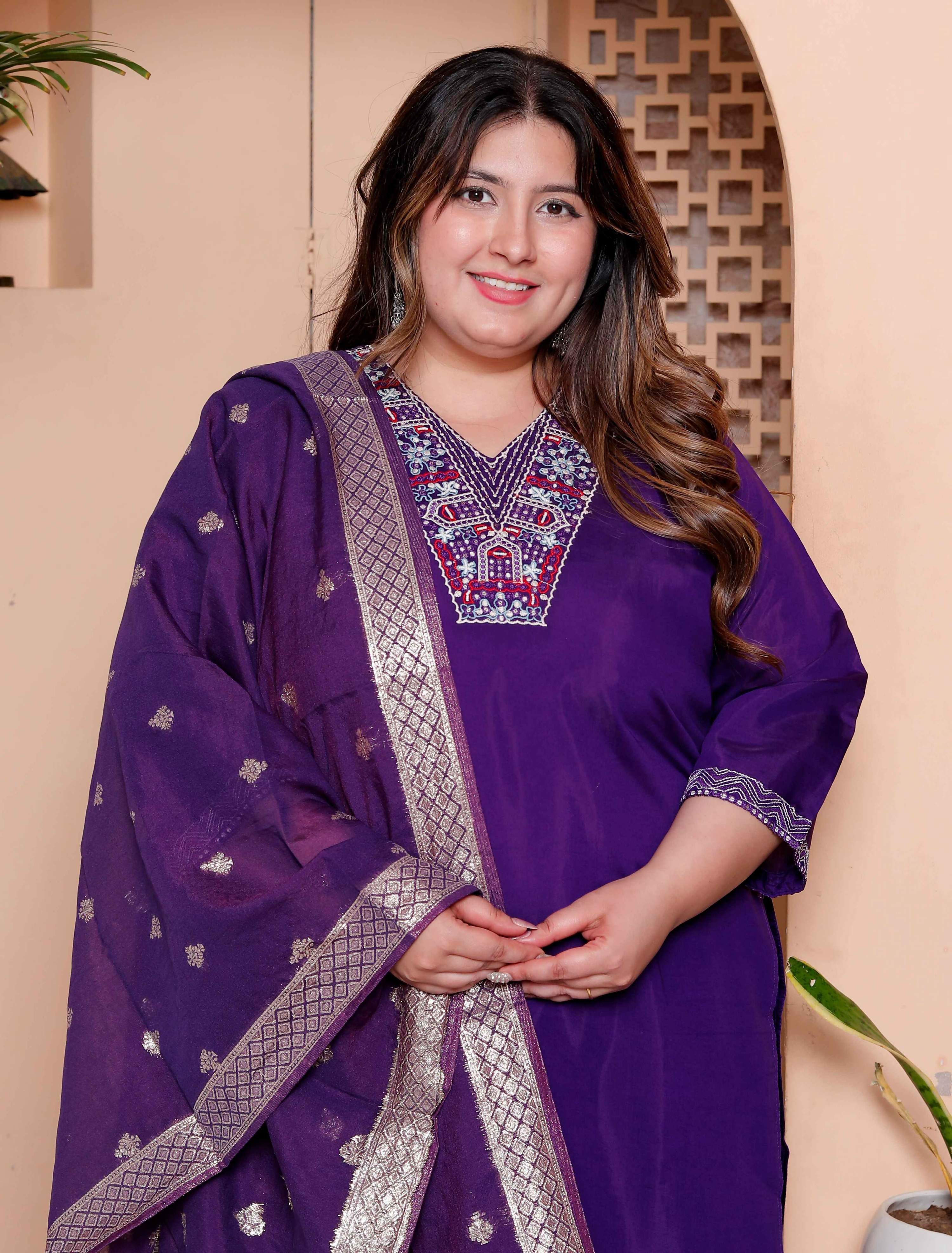 Miravan Women's Plus Size Purple Muslin Straight kurta and palazzo with dupatta Suit set