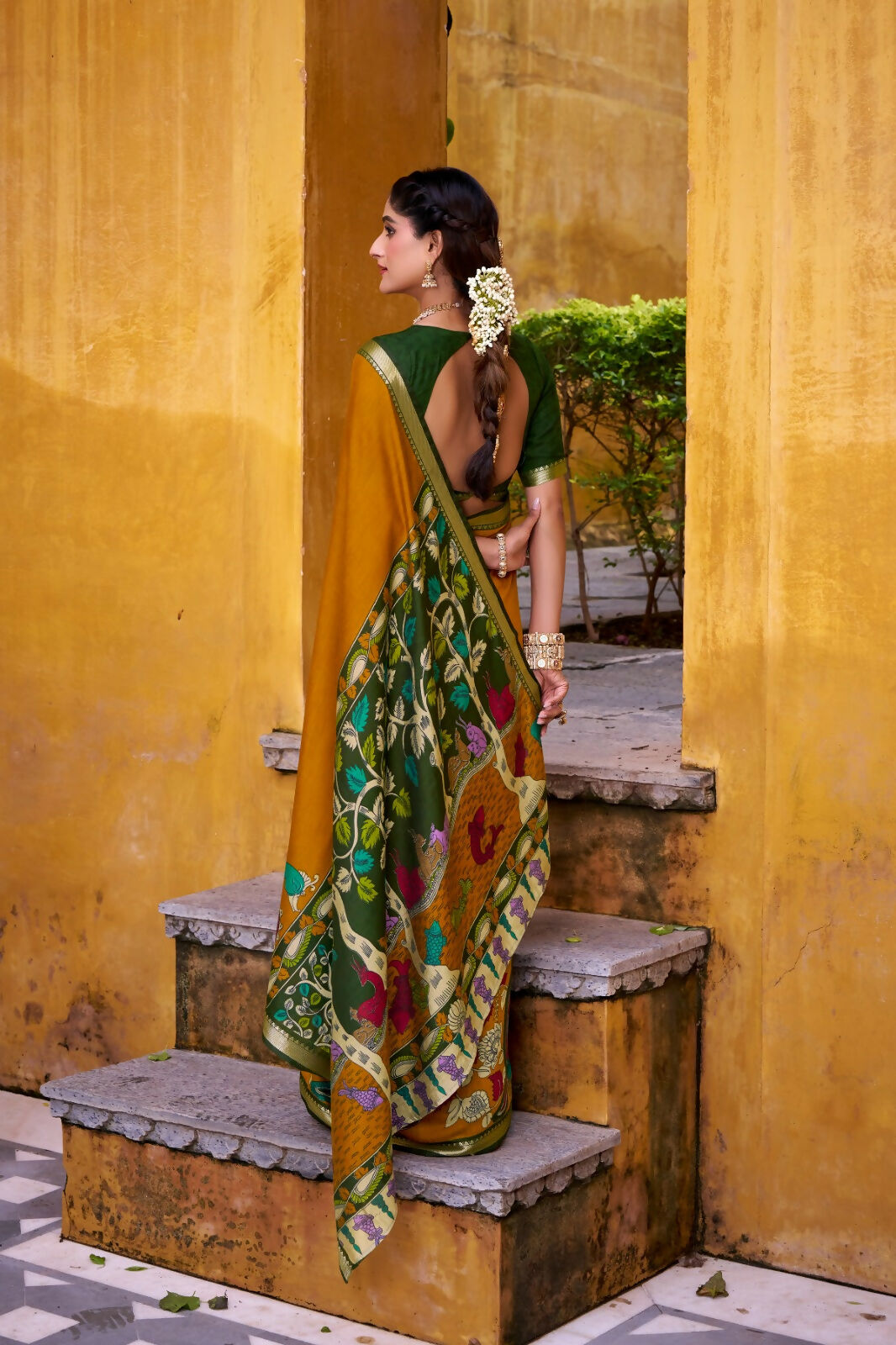Vastranavya Mustard Viscose Chanderi Kalamkari Print with Zari Working Saree & Unstitched Blouse