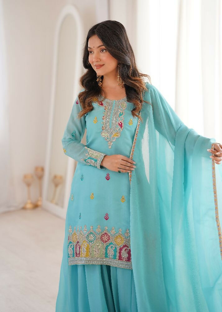 Teeya Creation Sky Blue Color Soft Crunchy Silk Party Wear Designer Sharara set