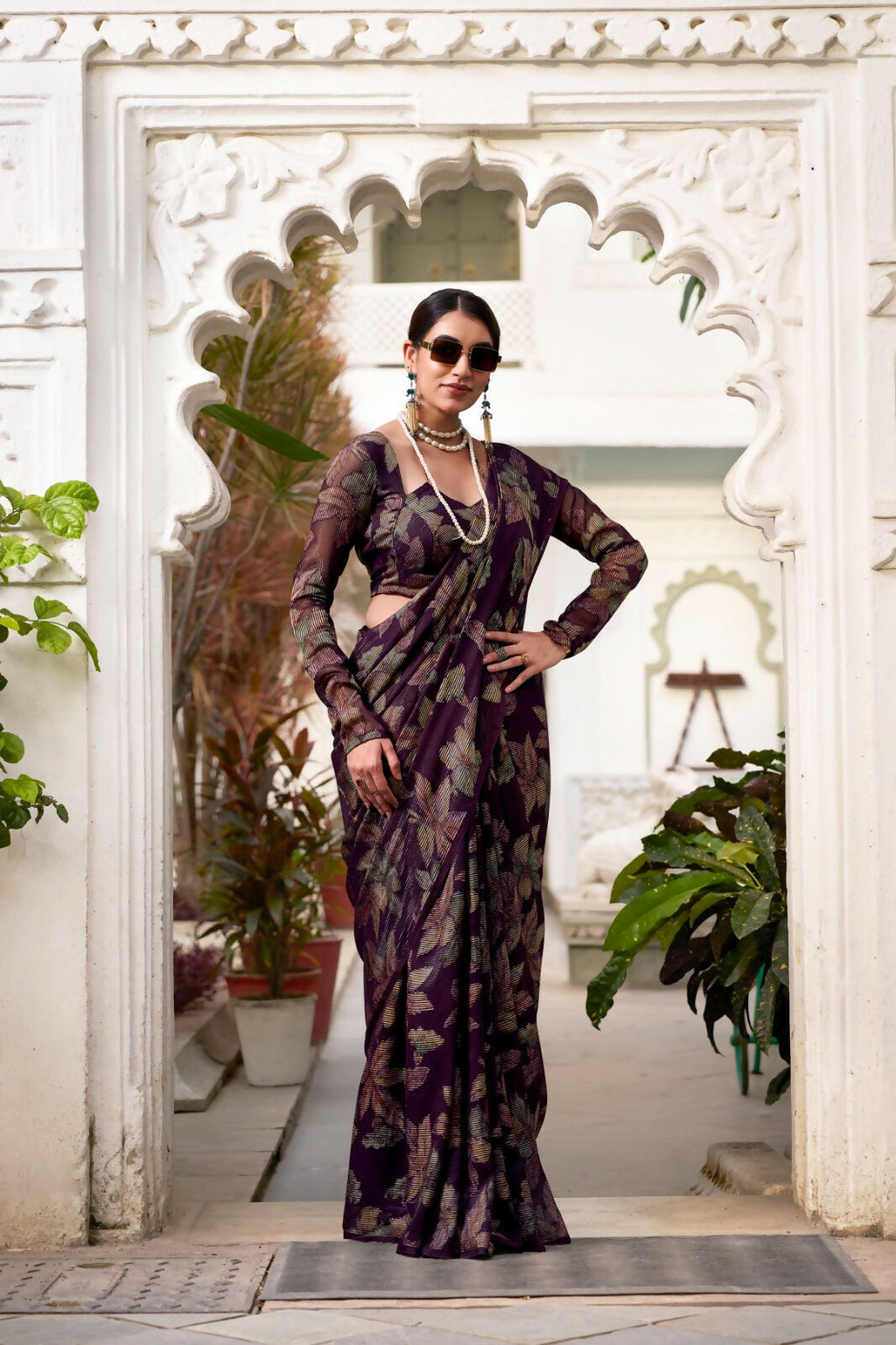 Vastranavya Wine Lurex Brasso Floral Printed Saree with Unstitched Blouse