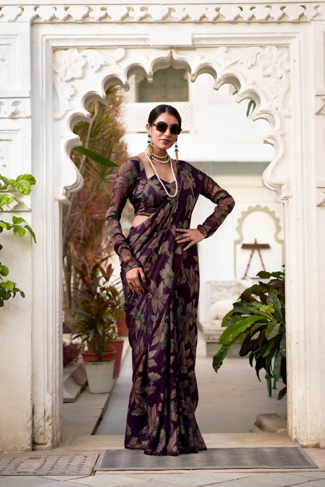 Vastranavya Wine Lurex Brasso Floral Printed Saree with Unstitched Blouse