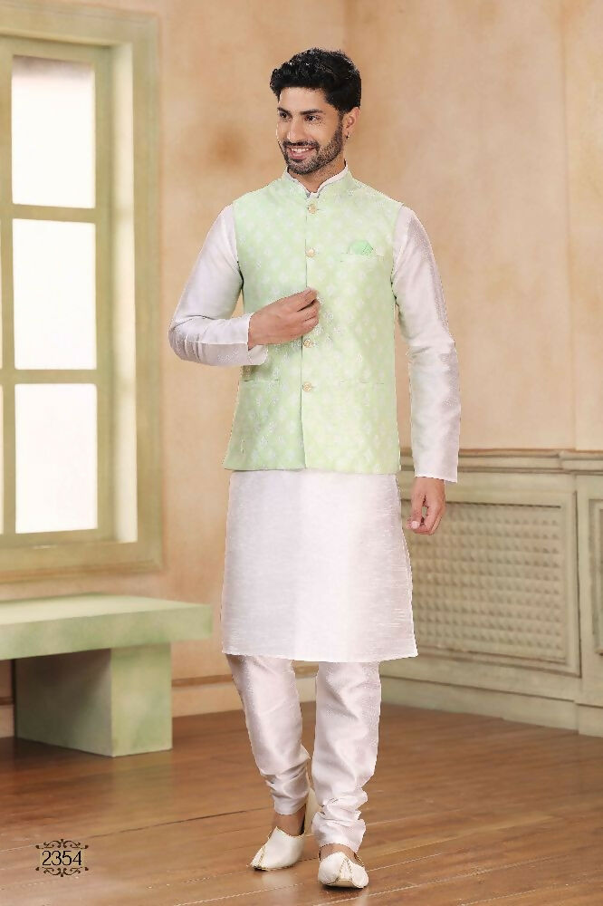 Raivat Ethnic Jacquard Banarasi Silk Woven Work 3 Pics Jacket Set In Pista Green Colour