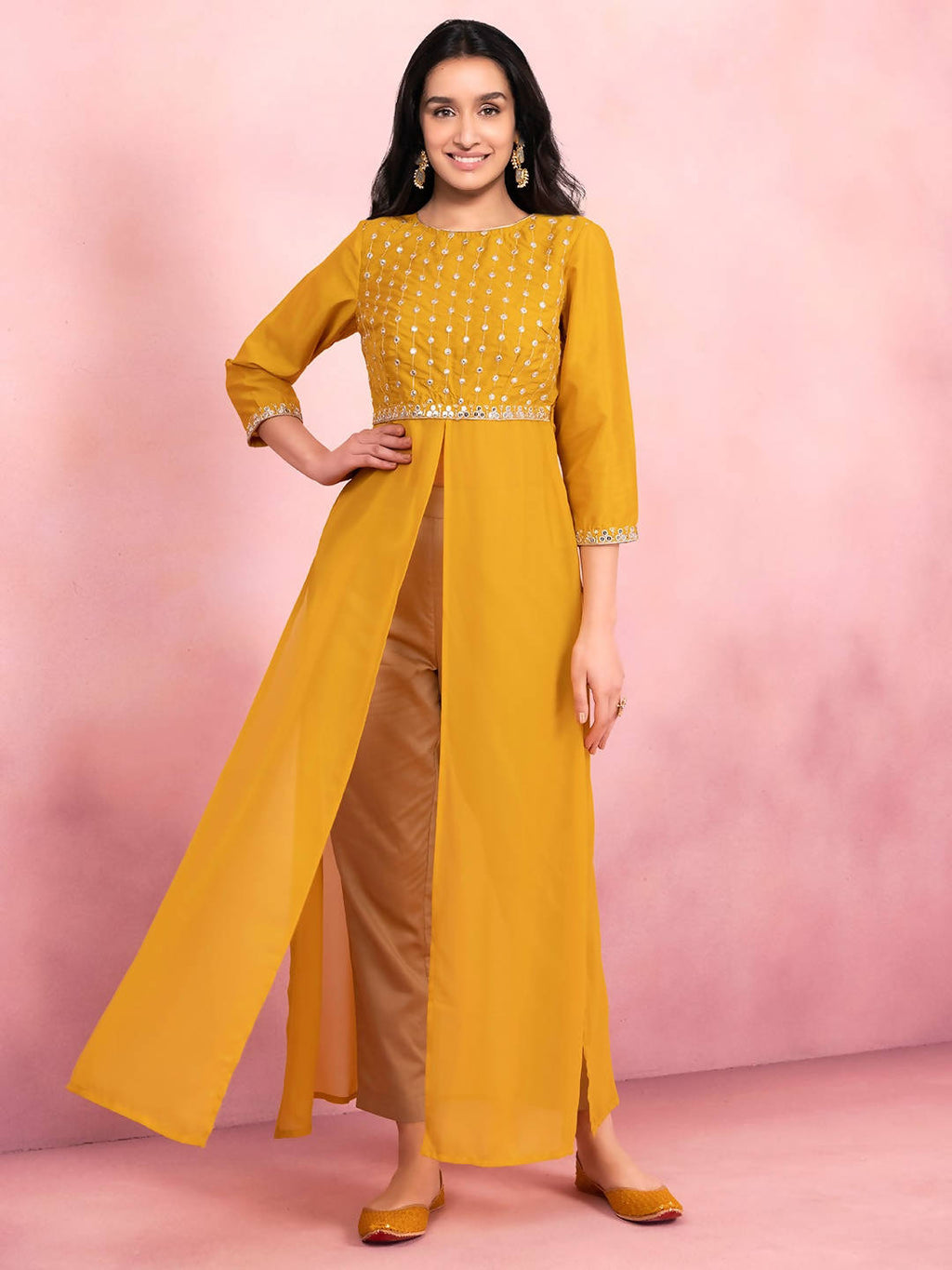 Indya Mustard Yellow Yoke Design Gotta Patti High Slit Kurta