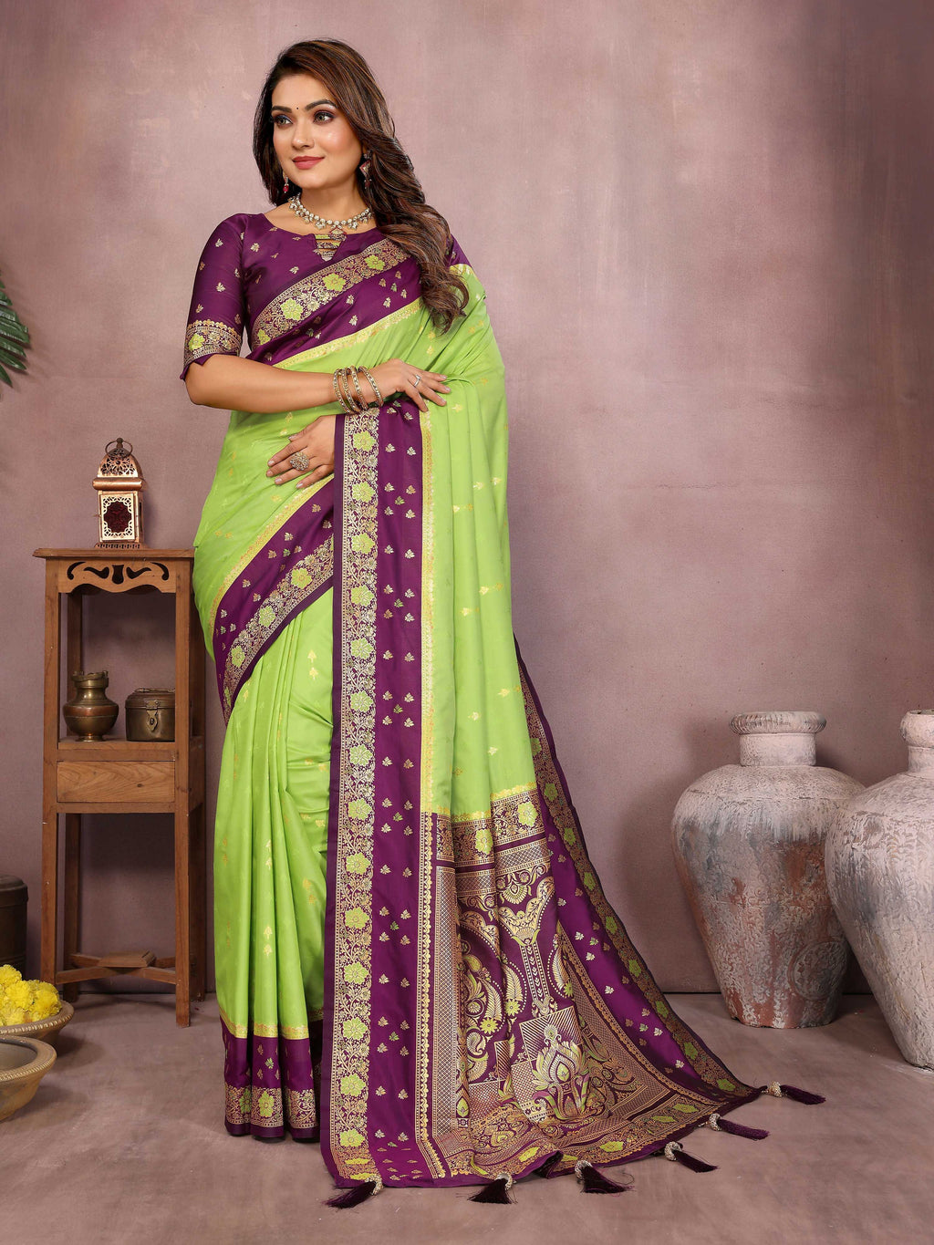 Aastha Fashion Parrot Green Kalamkari Silk Zari Woven Saree
