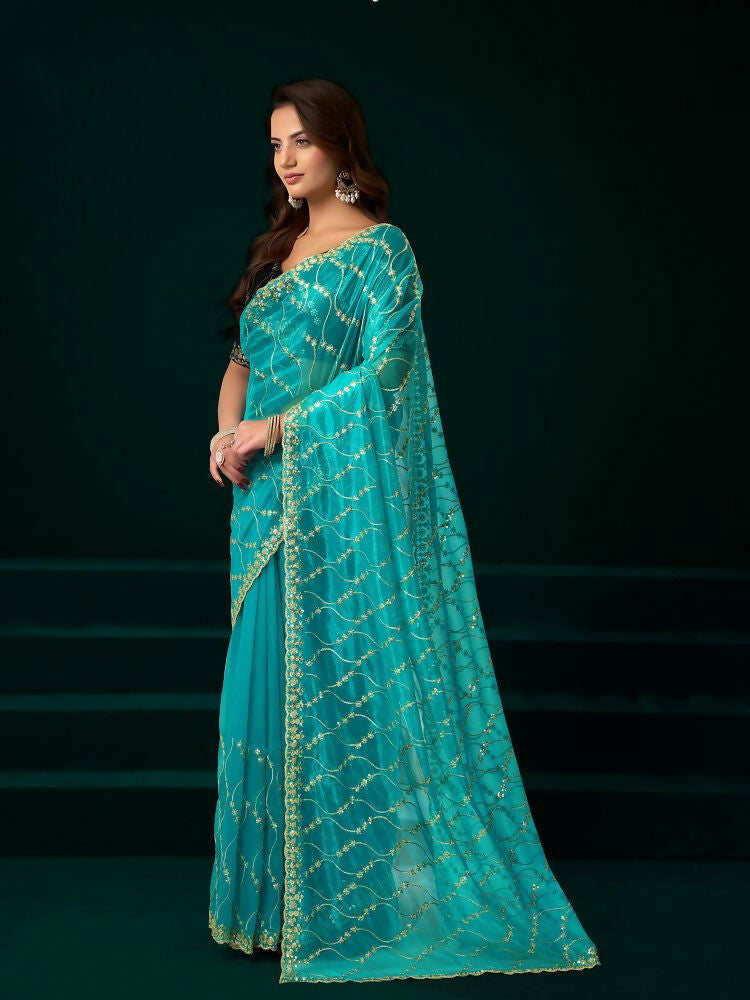 Joban Fashion Turquoise Net Party Wear Sarees