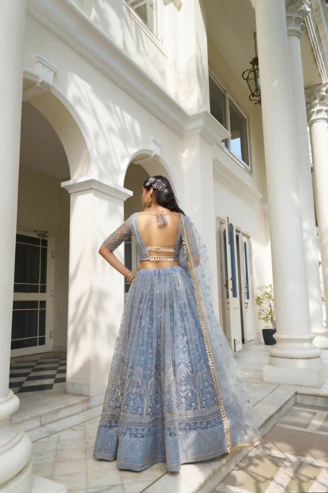 Aastha Fashion Light Blue Gray Butterfly Net Tone To Tone Cotton Thread Work And Sequence Work Embroidery Wedding Wear Lehenga Choli