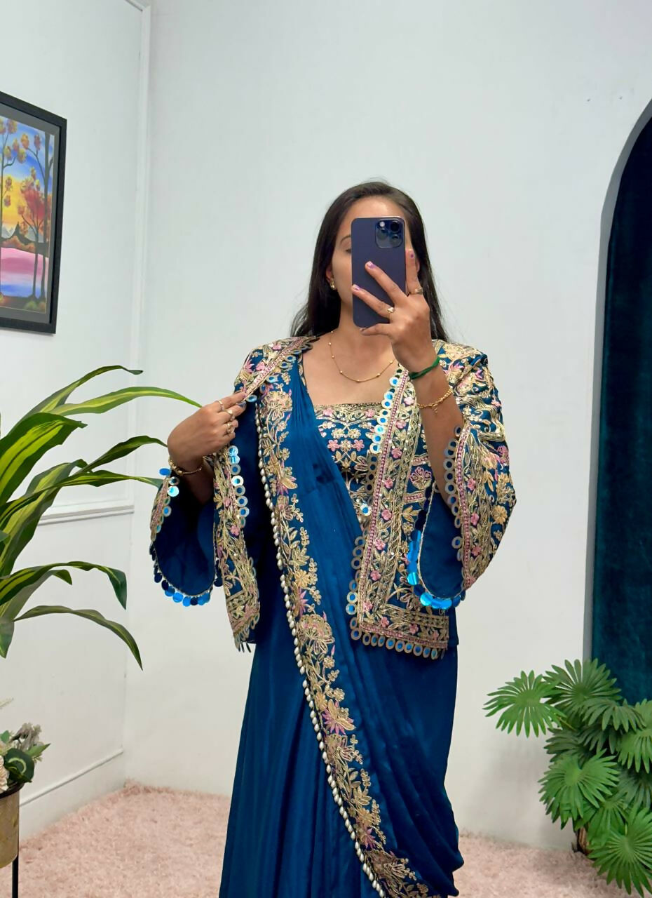 Teeya Creation Teal Color Chinon Silk Embroidery Work Ready To Wear Party Wear Saree With Koti