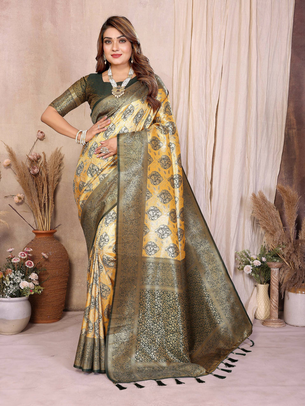 Aastha Fashion Mustard Banarasi Tissue Silk Weaving Saree